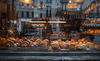 Rainy window of bakery